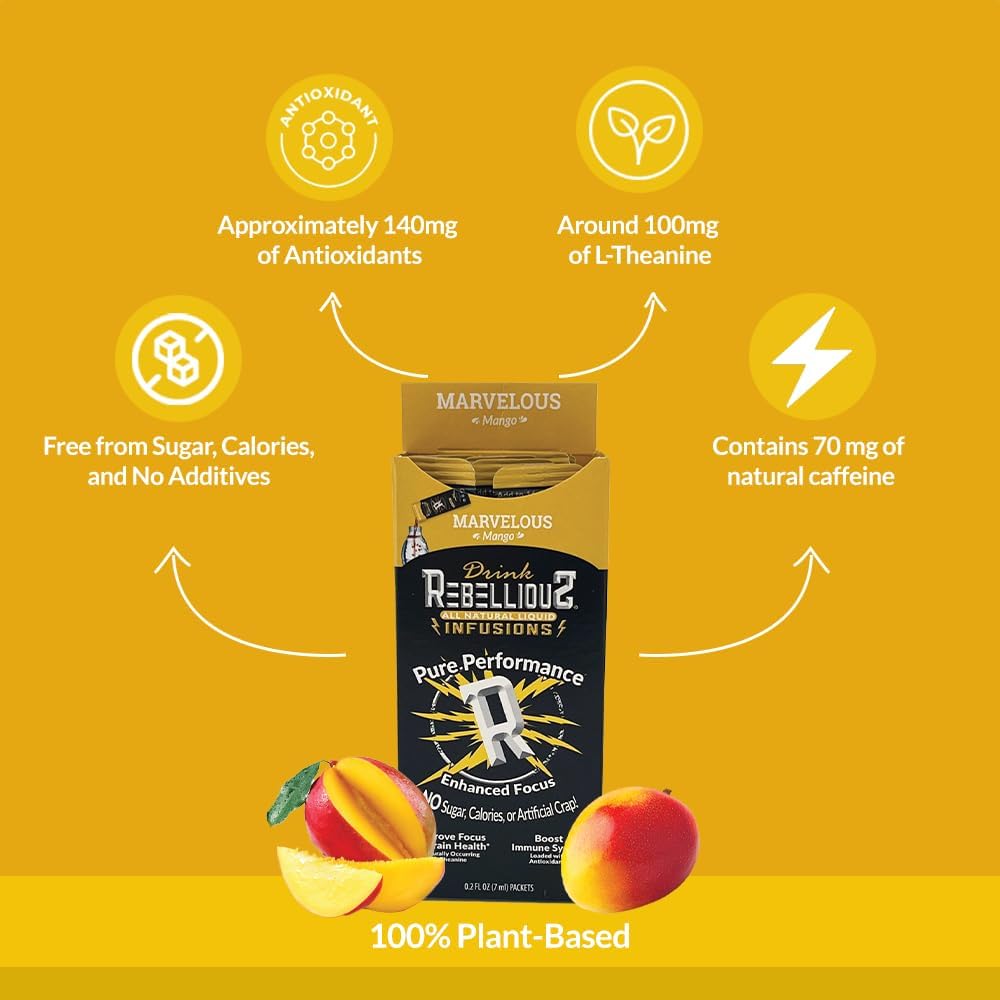 Rebellious Marvelous Mango Organic Drink Mix – Zero Calorie Energy Drink Mix | Monk Fruit & Green Tea Extract | L-Theanine + Natural Caffeine | 100% Plant-Based | Pack of 10 | Keto,Gluten-Free - Image 6