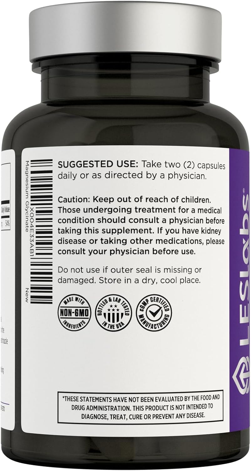 LES Labs Magnesium Glycinate Supports Restful Sleep, Heart Health, Stress Relief, Metabolism, Nerve & Muscle Function, Gentle on the Digestive System Non-GMO Supplement 120 Capsules - Image 3