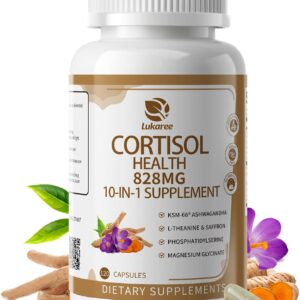 10-IN-1 Cortisol Supplements w/ KSM-66® Ashwagandha 300mg + L-Theanine 250mg, Magnesium Glycinate, Saffron, Phosphatidylserine, Turmeric & Vitamin C D3 B6 B5, For Women Men, 120 Capsules 60-Day Supply