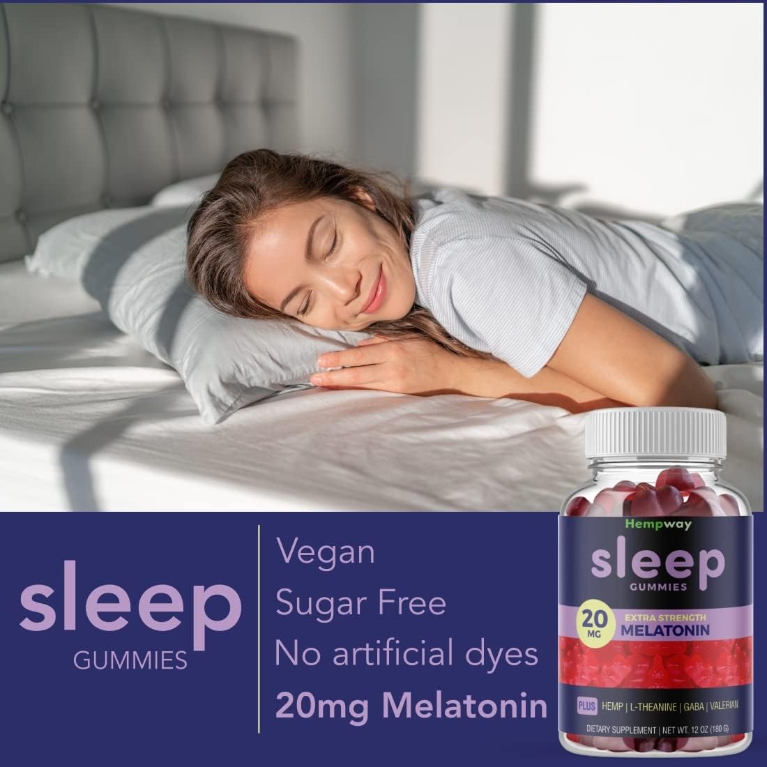 Melatonin 20mg | May Help Falling Asleep Faster & Staying Asleep Longer | with Hemp, GABA, Valerian, Lemon Balm, Melatonin | Sugar-Free Vegan 60 Gummies - Image 2