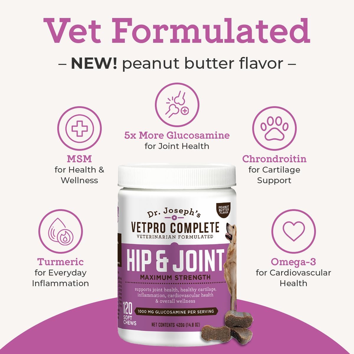 Dr. Joseph's VetPro Complete Dog Hip & Joint Supplement for Arthritis Pain Relief – High-Strength Glucosamine & Chondroitin Chews for Senior Dogs – Vet Formulated, Peanut Butter Flavor, 120 Ct - Image 4