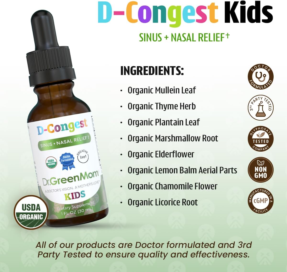 Dr. Green Mom D-Congest Kids - Organic Kids Sinus Support Drops | Drug-Free Herbal Supplement for Children's Stuffy Nose, Nasal & Respiratory Health | USDA Organic, Non-GMO - Image 5