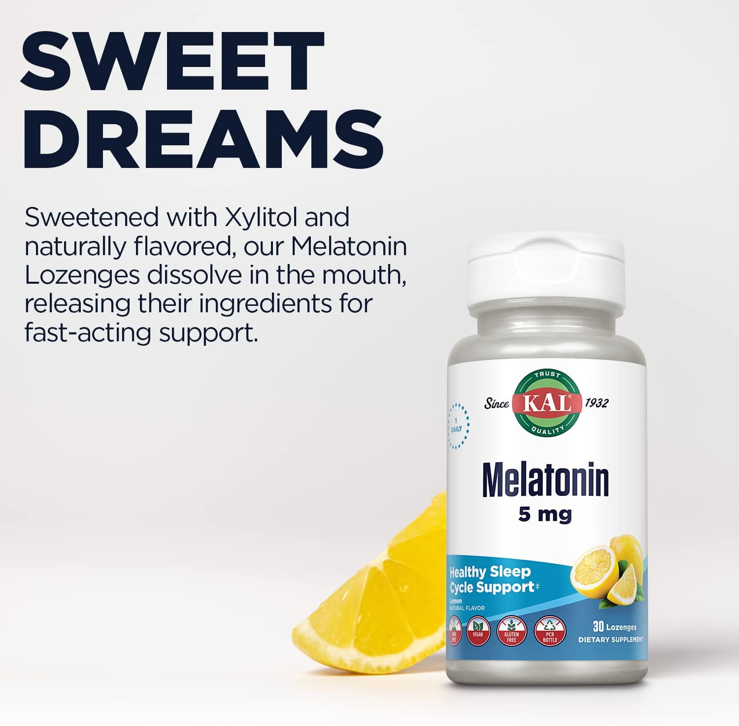 KAL Melatonin 5mg Sleep Aid Lozenges, Melatonin Supplement Supports Sleep Quality, Calming Relaxation and a Healthy Sleep Cycle, with Added Vitamin B6, Vegetarian, Natural Lemon Flavor, 30 Lozenges - Image 5