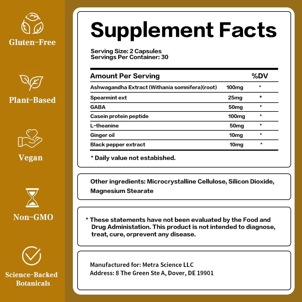 Herbal Mood & Sleep Support - Contains Ashwagandha, Spearmint Ext, GABA, Casein Protein Peptide, L-Theanine, Ginger Oil, Black Pepper Extract - Non-GMO, Soy-Free & Gluten-Free, 60 Capsules - Image 2