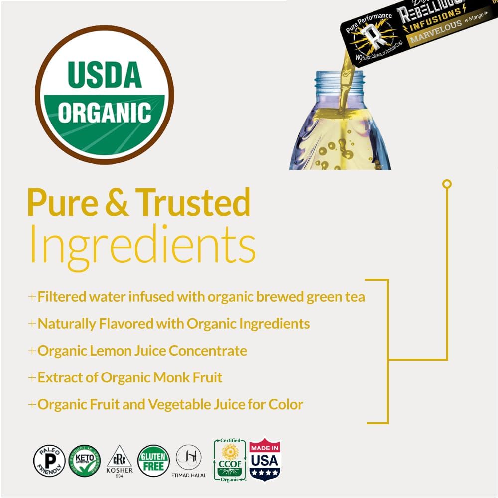 Rebellious Marvelous Mango Organic Drink Mix – Zero Calorie Energy Drink Mix | Monk Fruit & Green Tea Extract | L-Theanine + Natural Caffeine | 100% Plant-Based | Pack of 10 | Keto,Gluten-Free - Image 7