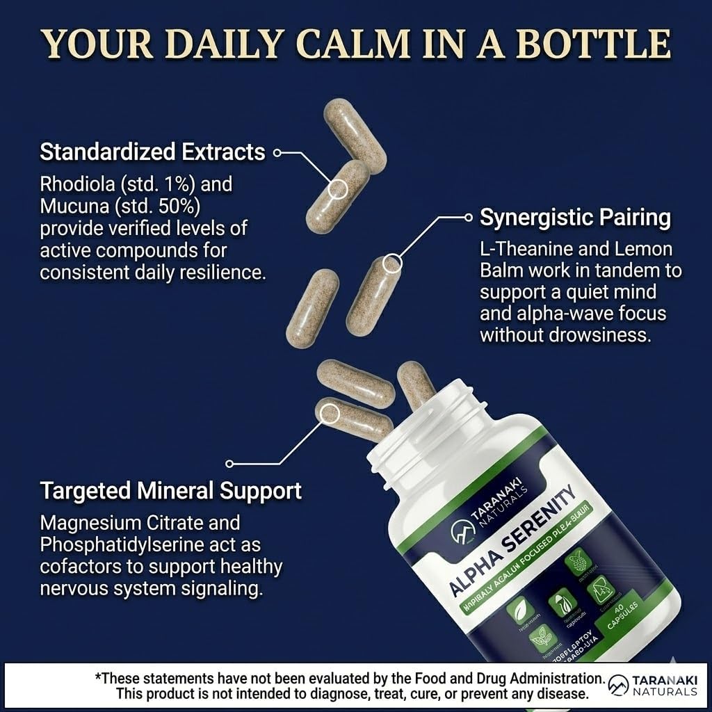 Alpha Serenity Anti-Stress Supplement - Rhodiola Rosea, L-Theanine, Lemon Balm, Mucuna Pruriens - Non-Drowsy, USA-Made, Veggie Capsules for Natural Calm - Image 6