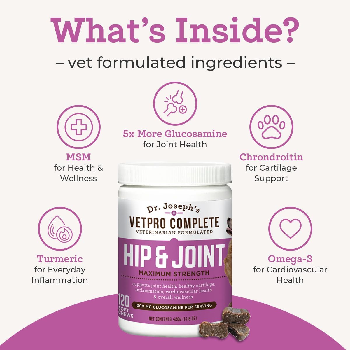 Dr. Joseph's VetPro Complete Dog Hip & Joint Supplement for Arthritis Pain Relief – High-Strength Glucosamine & Chondroitin Chews for Senior Dogs – Vet Formulated Daily Treats, Chicken Flavor, 60 Ct - Image 3