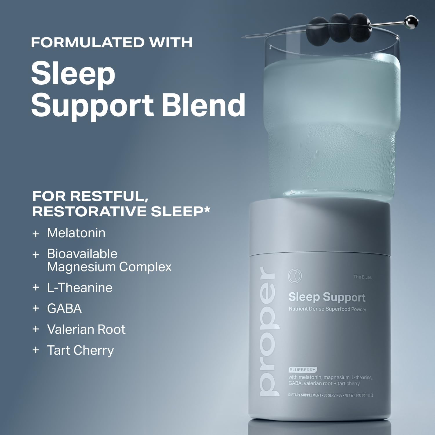 Proper, The Blues Sleep Aid – Nutrient-Dense Superfood Powder with + Melatonin, Magnesium, L-Theanine, GABA, Valerian Root & Tart Cherry – Calm Supplement for Nighttime Relaxation & Sleeping - Image 5
