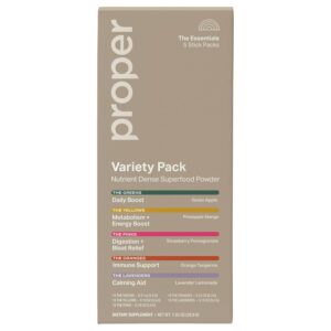 Proper The Essentials Super Foods Powder 5-Stick Variety Pack - Super Greens, Gut Health, Metabolism & Energy, Calm Magnesium Powder & Immune Support Supplement Packs
