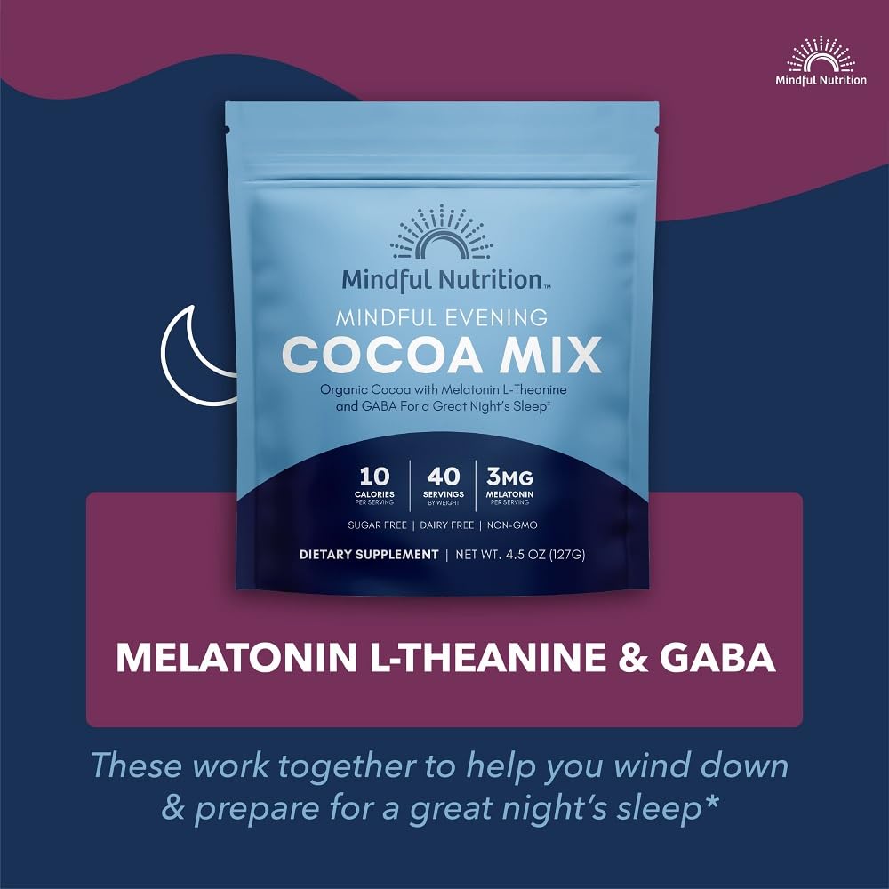 Mindful Evening Sugar Free Cocoa Mix Natural Sleep Aid, 40 Servings, Melatonin 3mg, L-Theanine, GABA Supplements, Natural Calm Sleep Support Stress Relief Calm Sleepy Cocoa Nighttime Hot Chocolate - Image 4