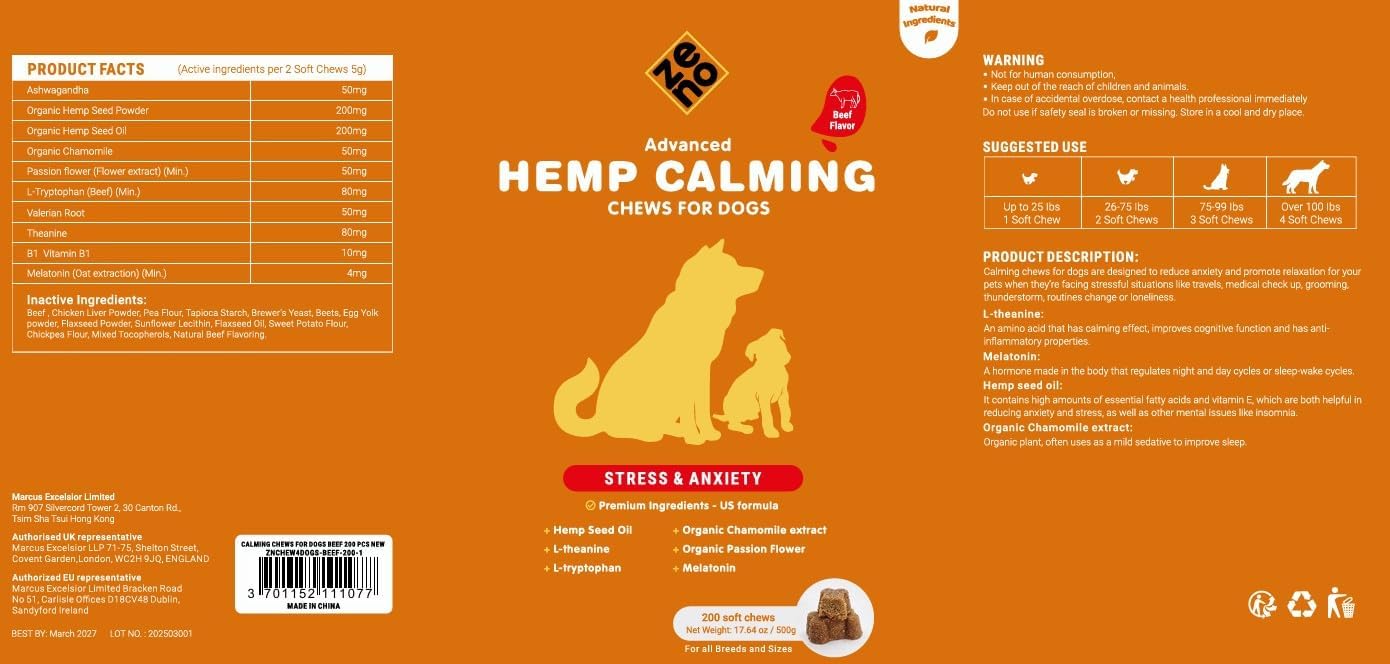 ZENO Hemp Calming Chews for Dogs Anxiety 200 pcs - Beef Flavored - Dog Anxiety Relief - Calming Chews - Melatonin for Dogs - for Stress, Travel, Check-up, Barking or Grooming - Dog Calming Treats - Image 8