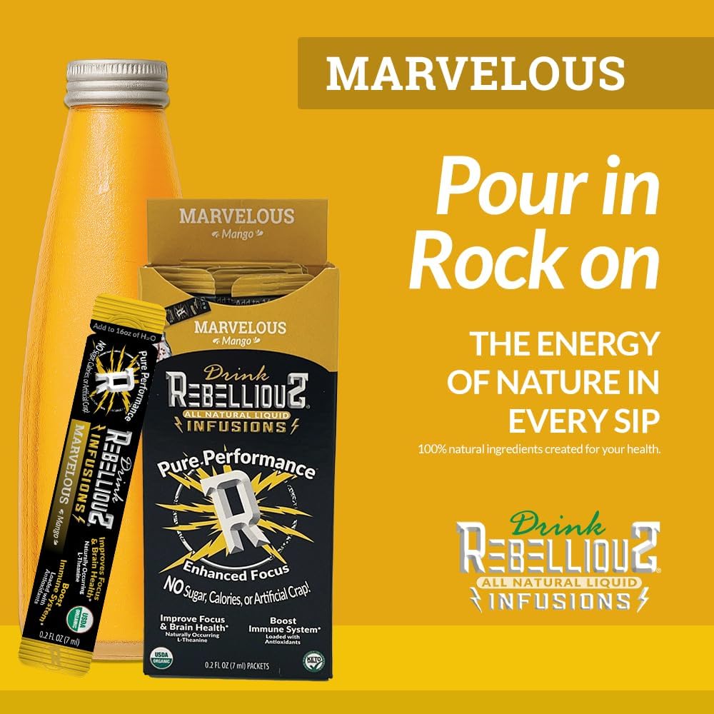 Rebellious Marvelous Mango Organic Drink Mix – Zero Calorie Energy Drink Mix | Monk Fruit & Green Tea Extract | L-Theanine + Natural Caffeine | 100% Plant-Based | Pack of 10 | Keto,Gluten-Free - Image 4