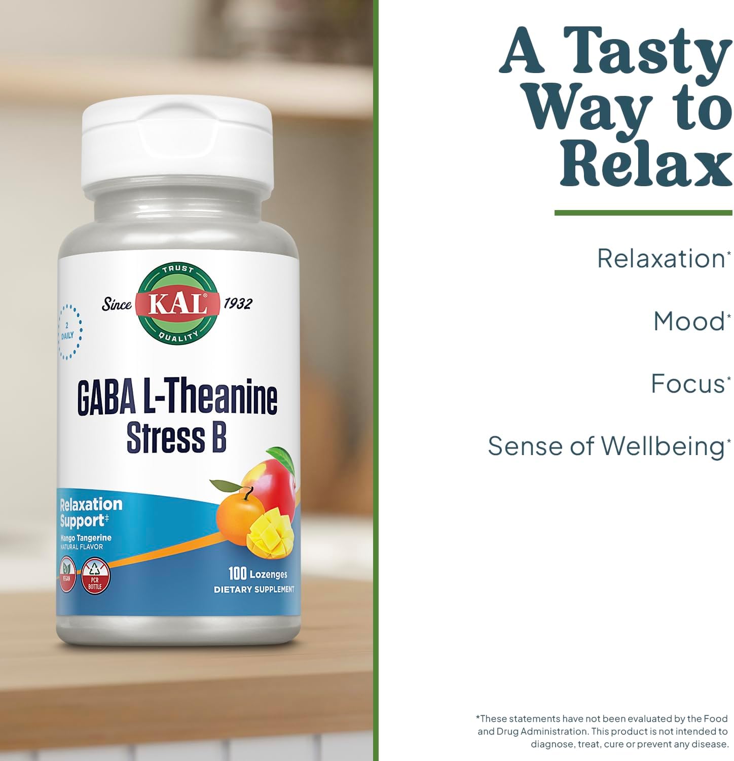 KAL GABA L-Theanine Stress B Lozenge, B Complex Vitamin Supplement, Healthy Relaxation, Mood & Focus Support, Natural Mango Tangerine Flavor, Vegan, 50 Servings, 100 Lozenges - Image 3