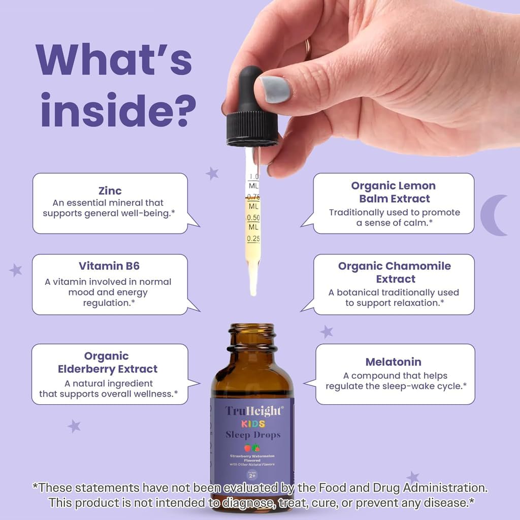 TruHeight Kids Sleep Tincture Ages 2+ (Watermelon Flavor) - Babies, Toddlers & Kids Natural Sleep Aid - Baby, Toddler, Child Melatonin 2 Year Old+ - Vitamin B6, Riboflavin, Zinc, Copper, Lemon Balm - Image 4