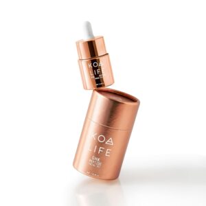KOA Life GHK Peptide Daily Ultra-Hydrating, Anti-Aging Facial Oil. In a metallic copper glass dropper bottle and metallic copper outer cylinder carton