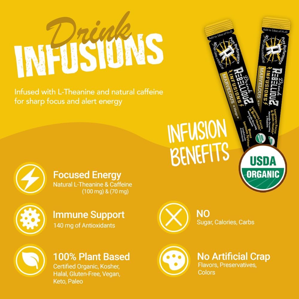 Rebellious Marvelous Mango Organic Drink Mix – Zero Calorie Energy Drink Mix | Monk Fruit & Green Tea Extract | L-Theanine + Natural Caffeine | 100% Plant-Based | Pack of 10 | Keto,Gluten-Free - Image 2