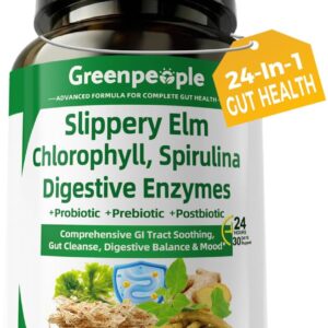GREENPEOPLE Digestive Enzymes for Women & Men - Gentle Gut Health & Cleanse Capsule with Slippery Elm, Chlorophyll, Spirulina, Probiotics Complex - Complete Sensitive Gut Supplement 60 Count 2 Packs