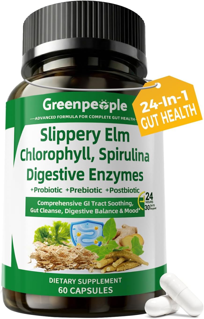 GREENPEOPLE Digestive Enzymes for Women & Men - Gentle Gut Health & Cleanse Capsule with Slippery Elm, Chlorophyll, Spirulina, Probiotics Complex - Complete Sensitive Gut Supplement 60 Count 2 Packs