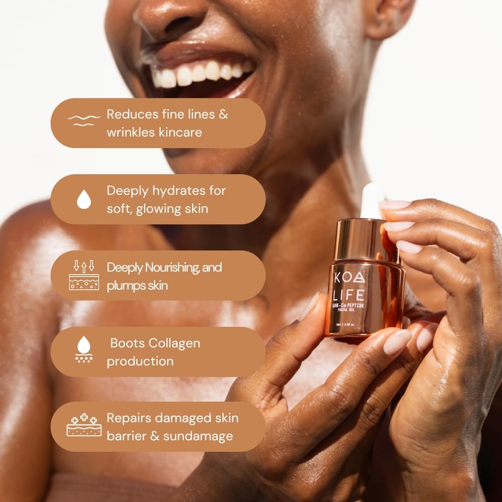 KOA Life GHK Peptide Daily Ultra-Hydrating, Anti-Aging Facial Oil. In a metallic copper glass dropper bottle and metallic copper outer cylinder carton - Image 2