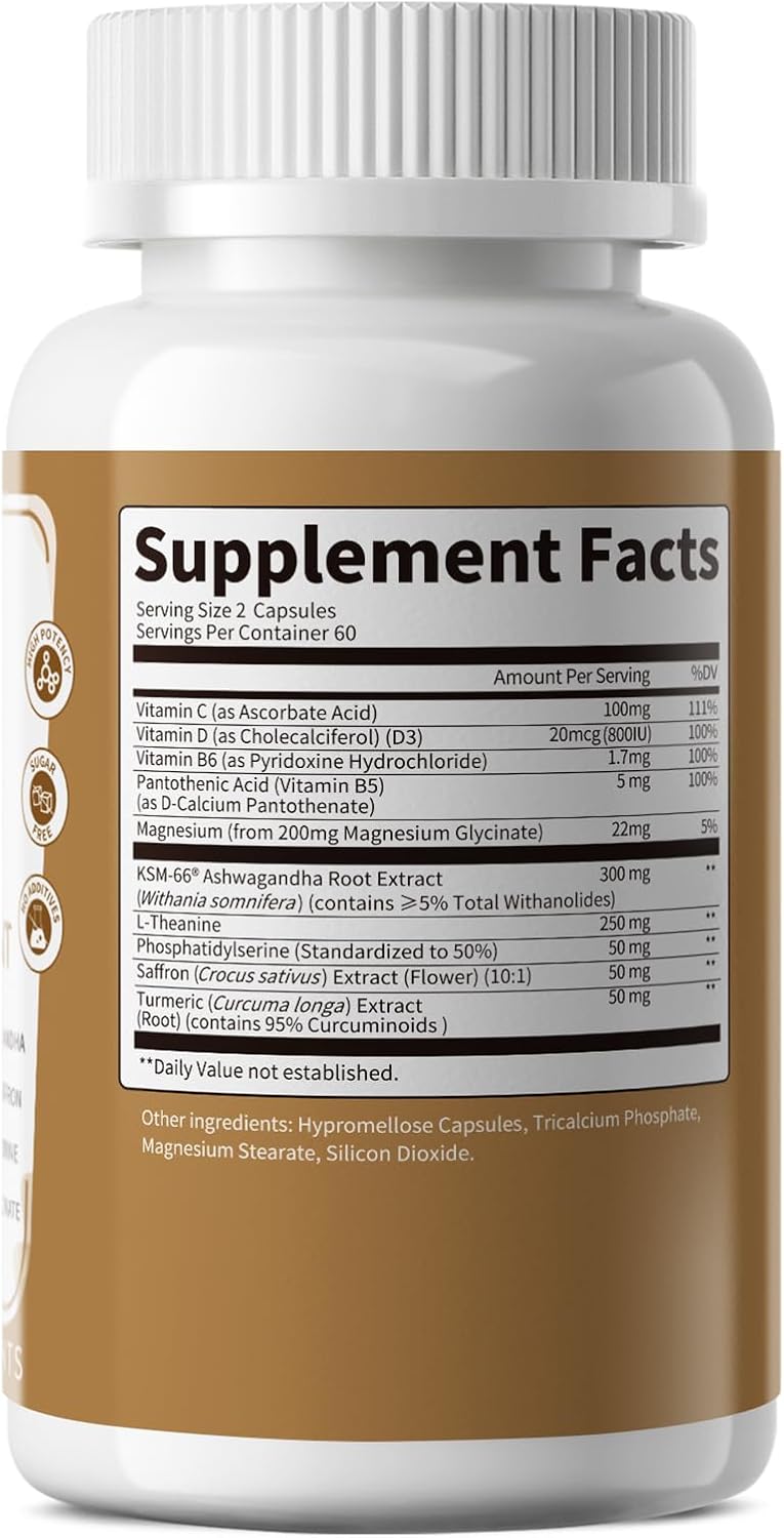 10-IN-1 Cortisol Supplements w/ KSM-66® Ashwagandha 300mg + L-Theanine 250mg, Magnesium Glycinate, Saffron, Phosphatidylserine, Turmeric & Vitamin C D3 B6 B5, For Women Men, 120 Capsules 60-Day Supply - Image 8