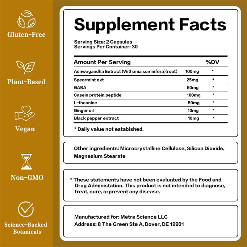 Herbal Mood & Sleep Support - Contains Ashwagandha, Spearmint Ext, GABA, Casein Protein Peptide, L-Theanine, Ginger Oil, Black Pepper Extract - Non-GMO, Soy-Free & Gluten-Free (180) - Image 2