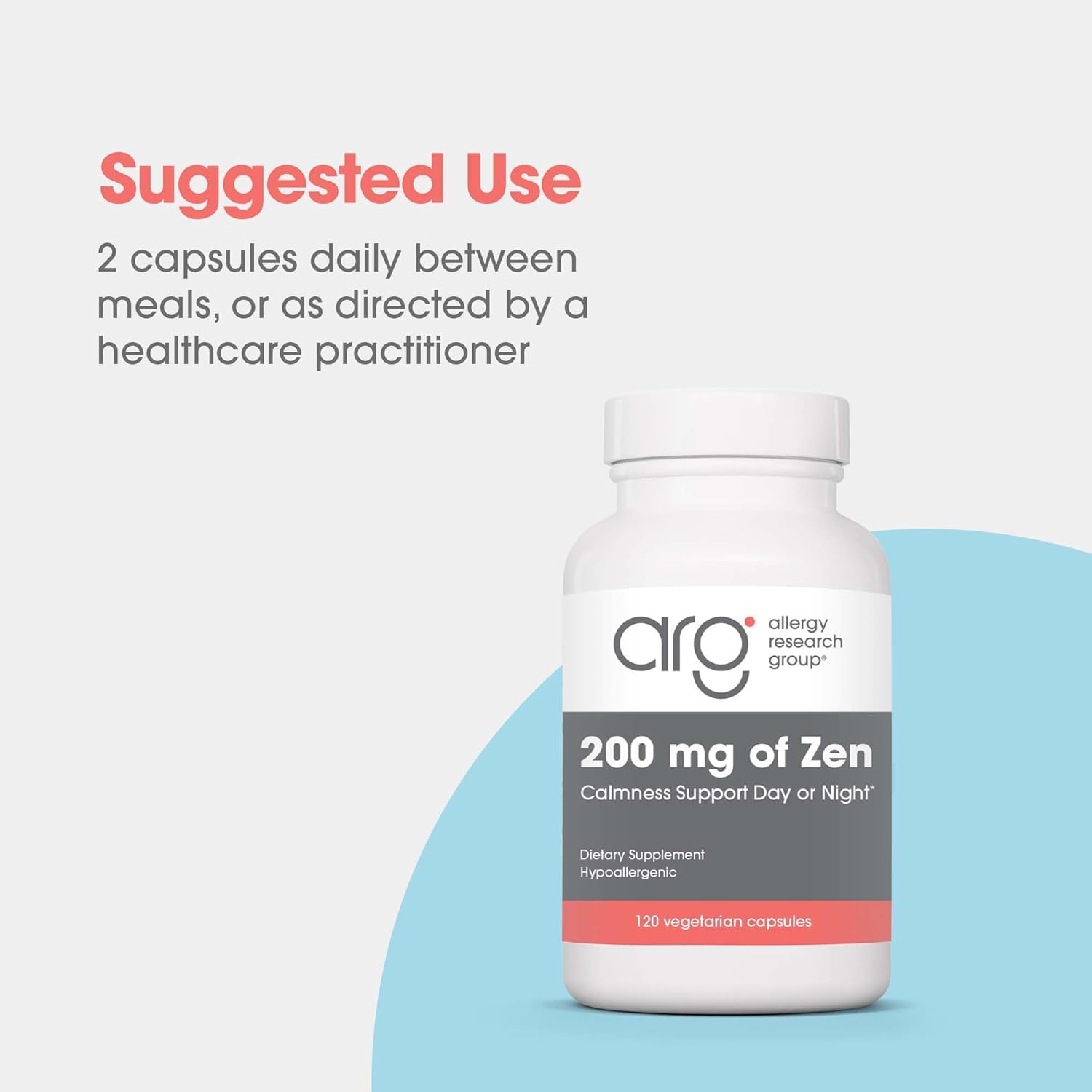 Allergy Research Group ARG 200 mg of Zen - Supports Calm and Stress Balance - Delivers 200 mg L-Theanine & 550 mg GABA per Serving - Vegetarian & Hypoallergenic - 60 Servings - 120 Capsules - Image 6