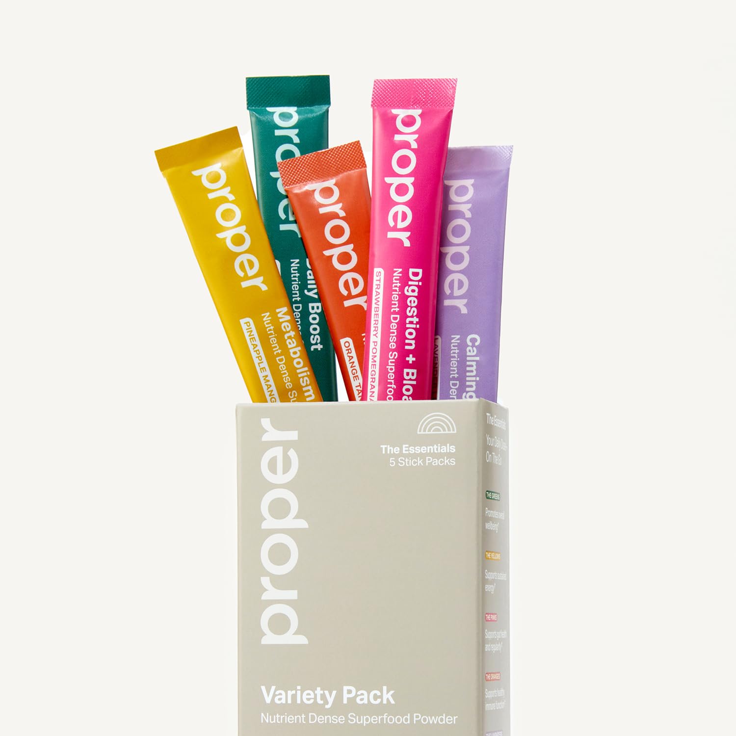 Proper The Essentials Super Foods Powder 5-Stick Variety Pack - Super Greens, Gut Health, Metabolism & Energy, Calm Magnesium Powder & Immune Support Supplement Packs - Image 2