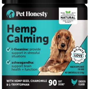 Natural Hemp Calming Chews for Dogs - Calming Aid Supplement for Occasional Anxiousness with Valerian Root, Chamomile, + Magnesium - Stress, Separation & Thunder Support - (Chicken, 90 Count)