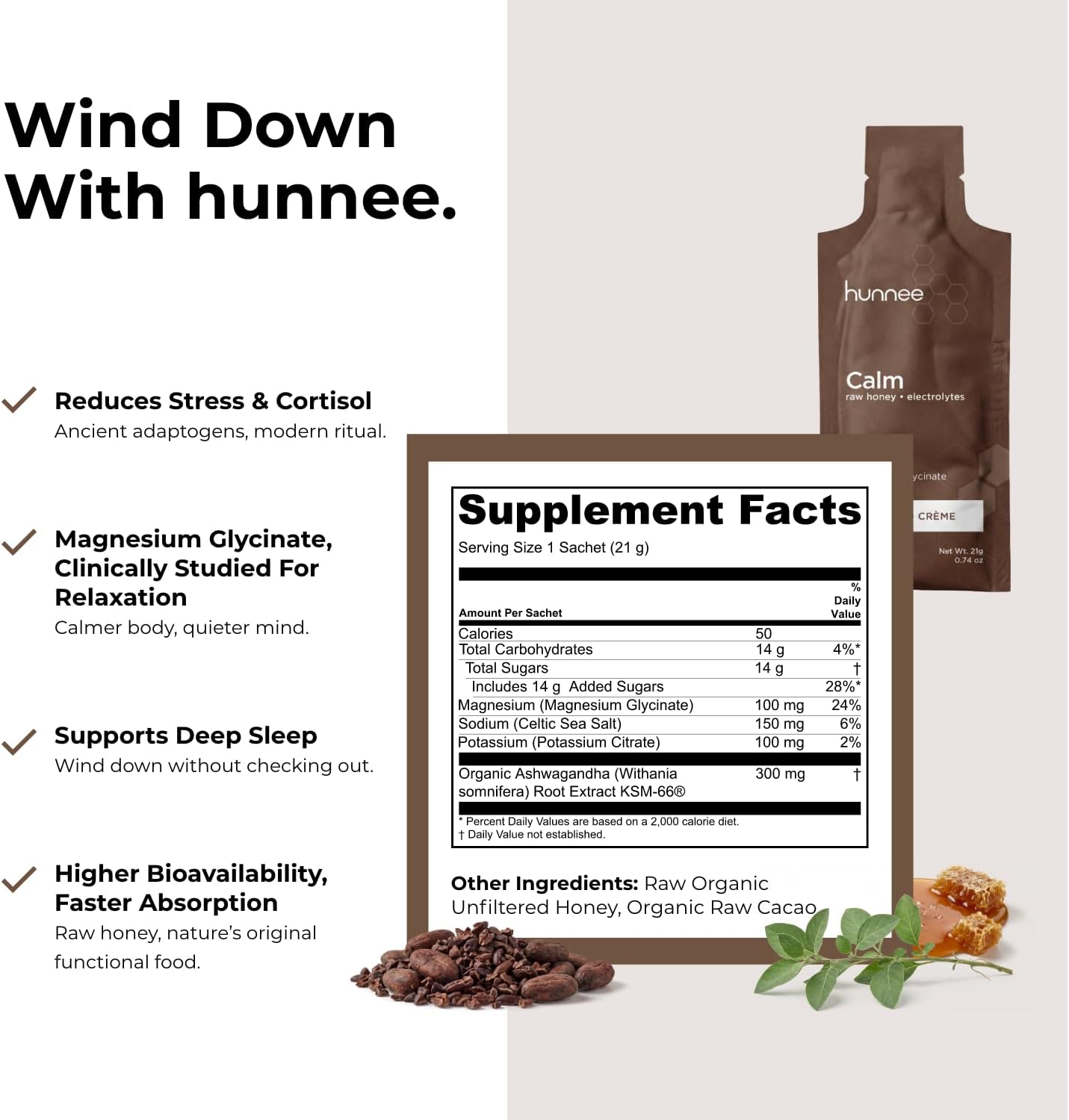 HUNNEE Calm | Raw Honey Electrolytes Dietary Supplement with Ashwagandha, Raw Cacao & Magnesium Glycinate | Gluten-Free, Nut-Free, Non-GMO, Plant-Based | Cacao Crème Flavor | 21g (14 Sachets) - Image 3