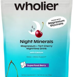 wholier Night Minerals Magnesium Glycinate + Calcium Drink Mix Powder with Tart Cherry & Superfood Berries, Natural Sleep Support, Melatonin Free, Gluten Free, Berry Flavor, Vegan, 25 Servings