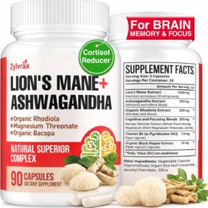 Ashwagandha & Lions Mane Supplements Capsules, Brain Supplements for Memory and Focus, Ashwagandha with Rhodiola Rosea for Cognitive, Immune Support, Cortisol Supplements for Women, 90 Capsules