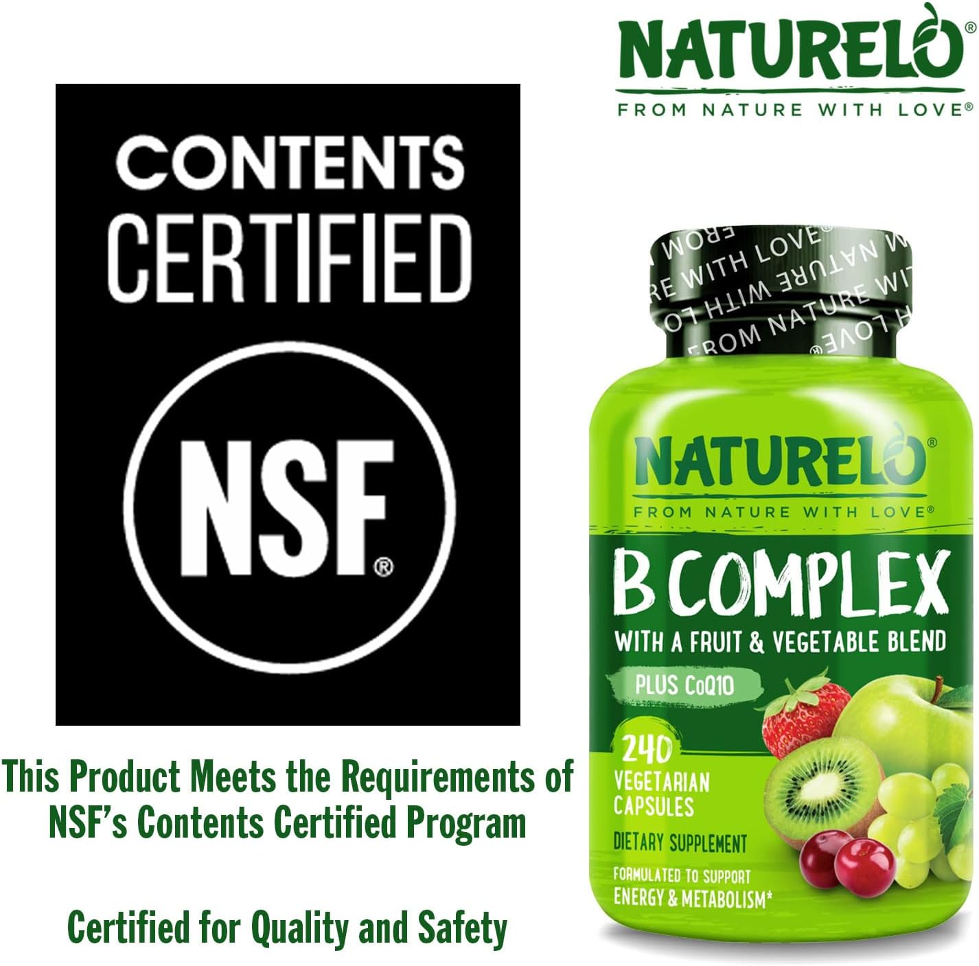 NATURELO Vitamin B Complex, 240 Capsules, Vegan, CoQ10, Methyl Folate, Biotin, Fruit & Veg Blend, Supports Energy and Healthy Stress Response, Super B Complex Vitamins for Women and Men - Image 5