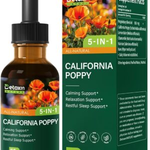 California Poppy Extract Liquid, Alcohol-Free Tincture for Calming Relaxation Support, 5-in-1 Herbal Supplement Drops with Valerian Lemon Balm Kava. for Restful Sleep Support. 2 oz