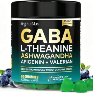 GABA Gummies 500mg Sugar-Free Calm Gummies with L Theanine, Ashwagandha, Magnesium, Vitamins D3, B6, Melatonin-Free for Calm, Mood, Zzz, GABA Supplement for Adult, Blueberry Flavor, 60 Count