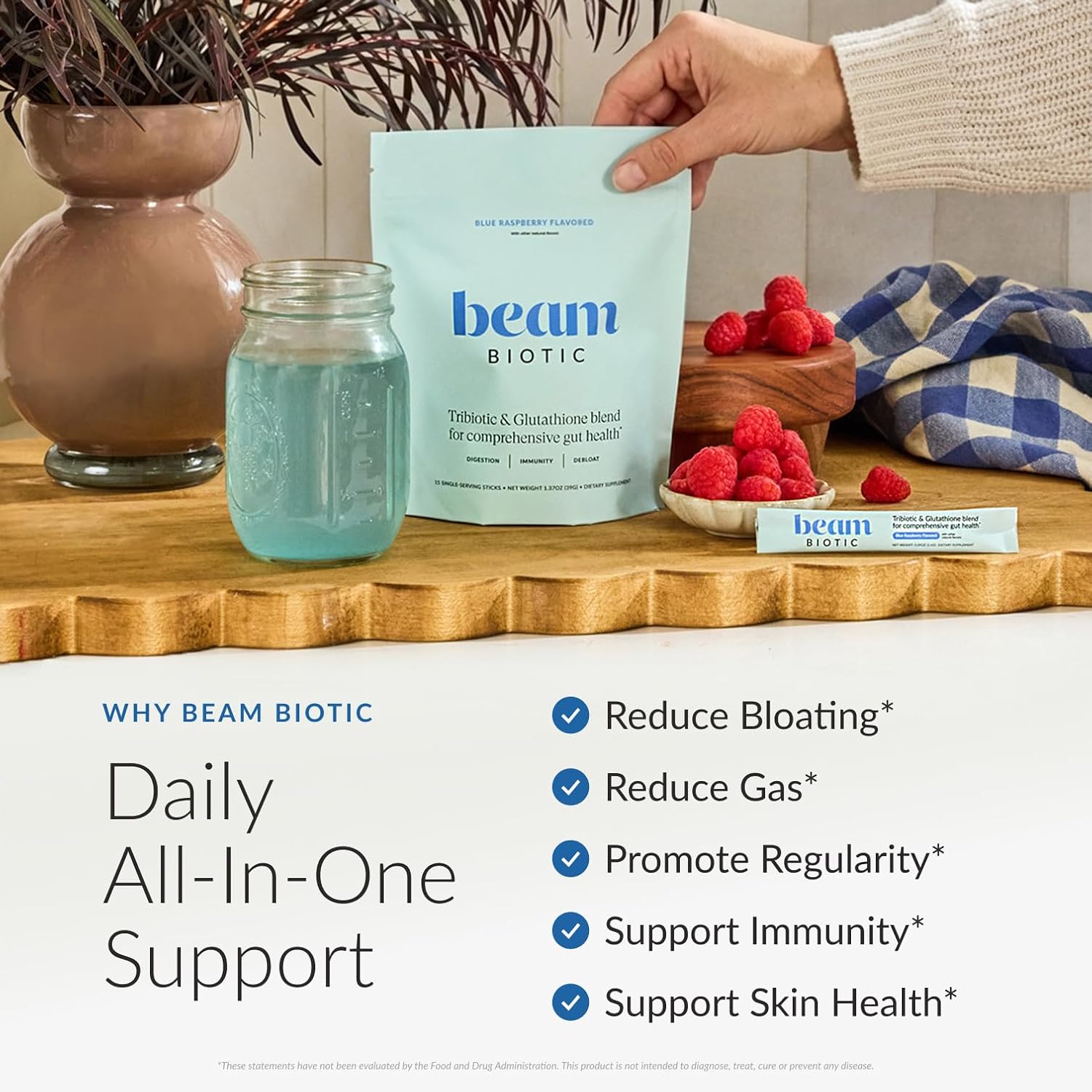 Beam Biotic Probiotics for Women – Gut Health & Digestive Health Powder with Pre, Pro & Postbiotics + Glutathione, Daily Probiotic Drink for Bloating Relief & Gut Balance, 15 Servings, Blue Raspberry - Image 3