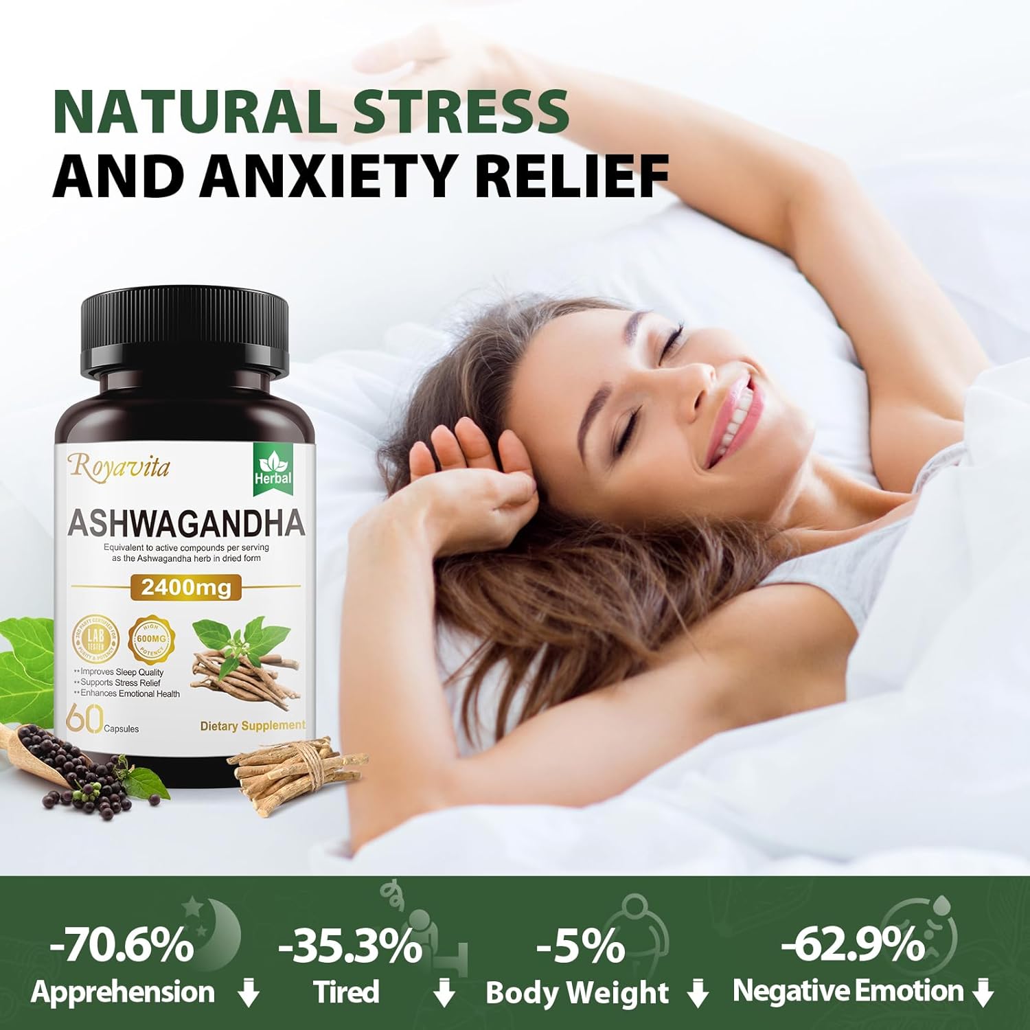 Ashwagandha Supplements 2400mg Organic with Black Pepper Vitamin B12 & B6 for Max Absorption Stress Relief Athletic Performance for Men & Women 60 Capsules - Image 3