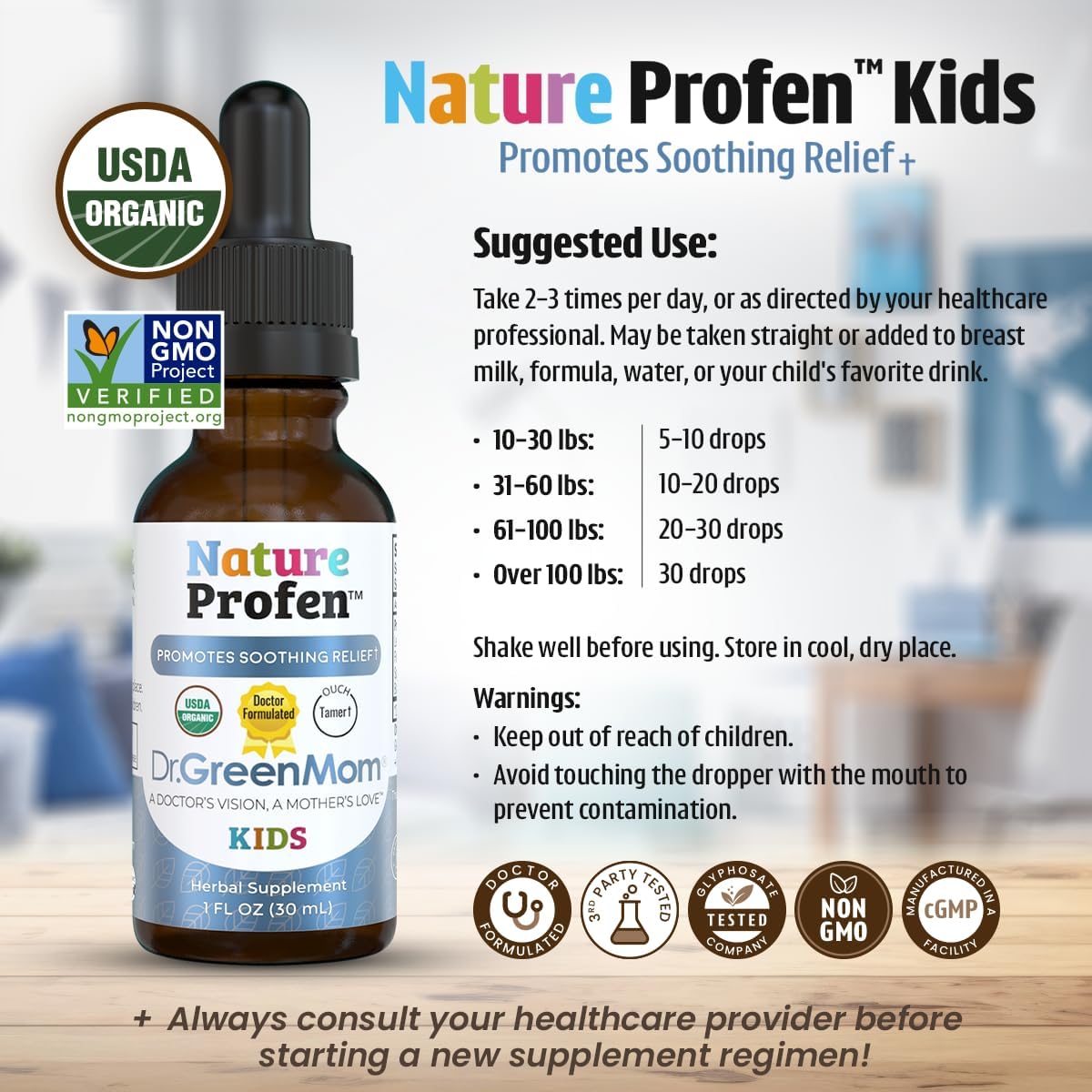 Dr. Green Mom Nature Profen Natural Relief for Infants & Kids | USDA Organic Herbal Drops for Teething, Growth Spurts, and Occasional Discomfort | Natural Child & Baby Comfort Aid - Image 5
