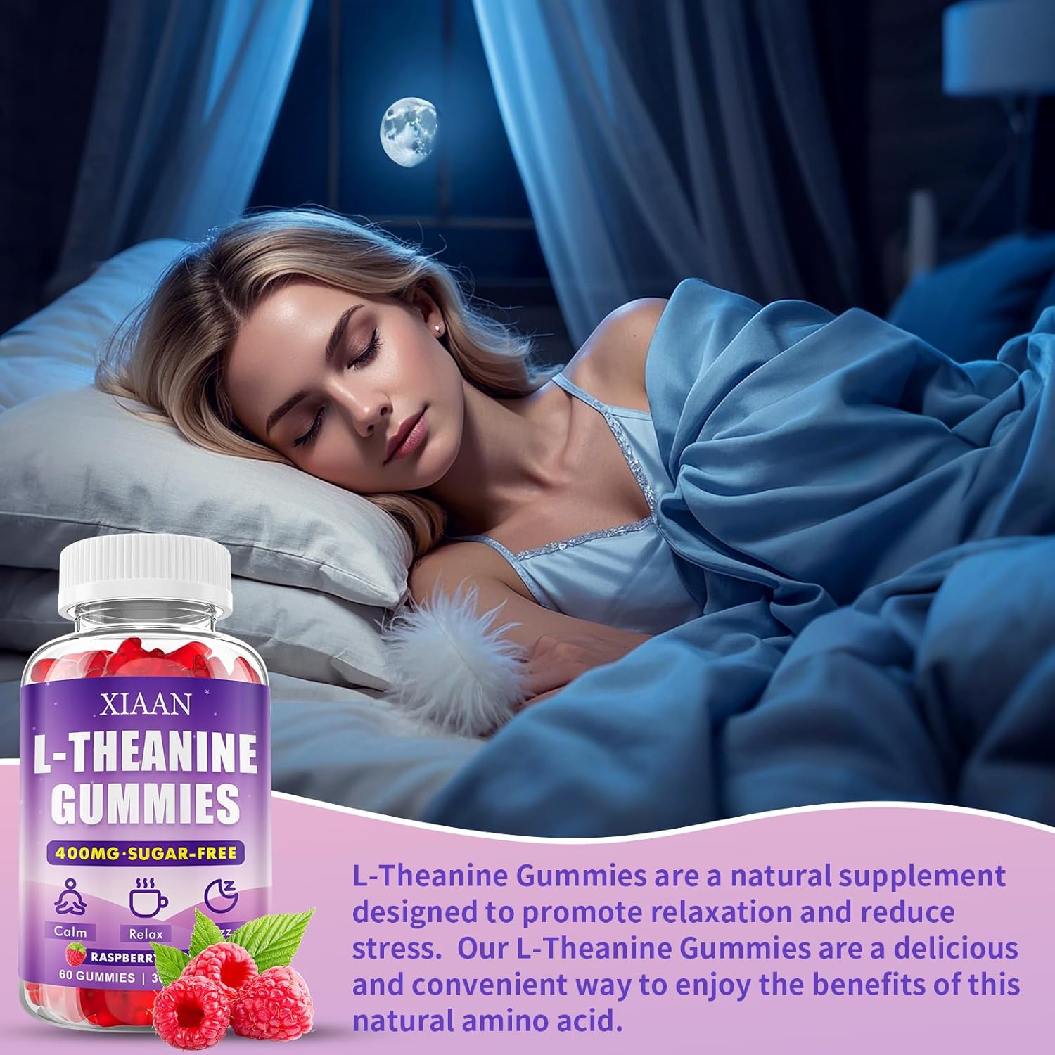L-Theanine Gummies for Kids & Adults, L'Theanine 400mg Chewable L Theanine Supplement for Calm, Zzz & Relaxation Support, Vegan, Organic, Raspberry Flavor, 60 Counts - Image 4