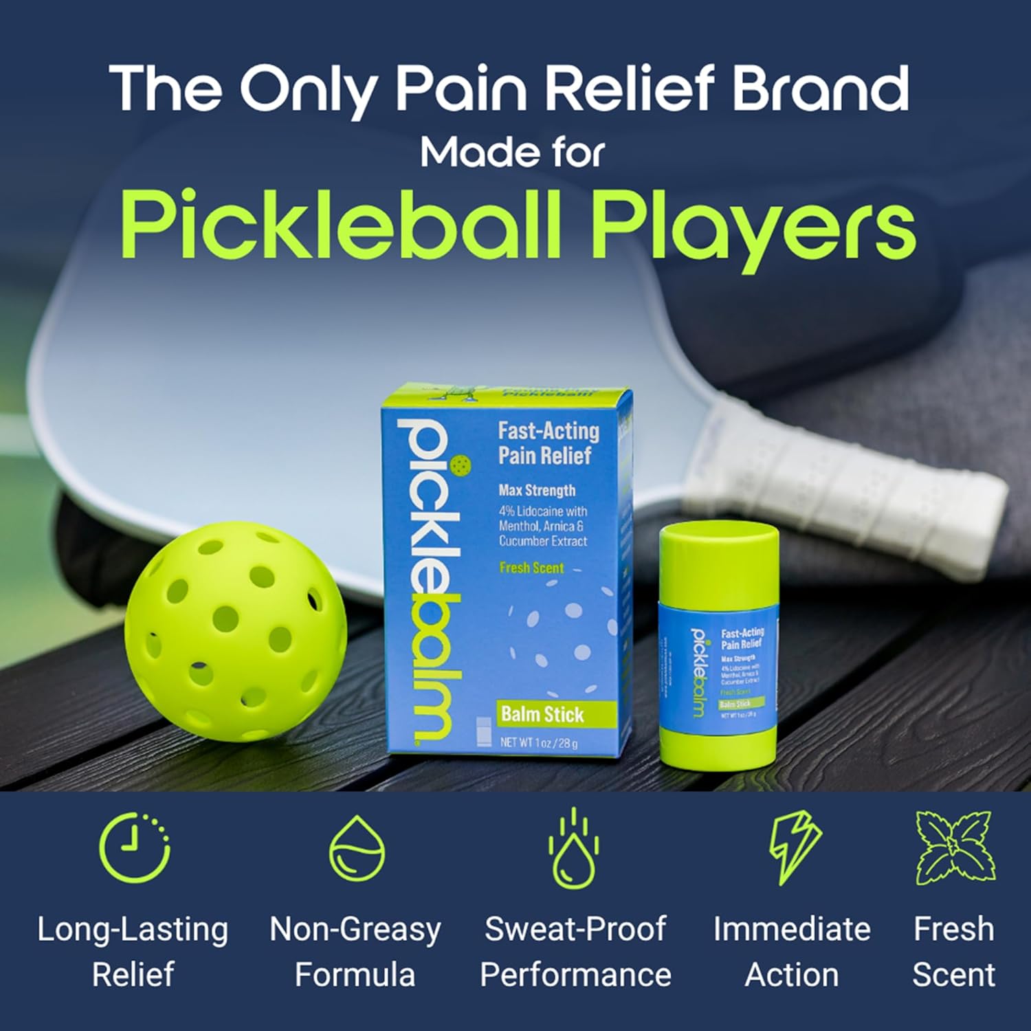 PickleBalm Pickleball In-Game Muscle Pain Relief Balm Stick with 4% Lidocaine, Arnica, Menthol, Cucumber Seed Extract for Shoulders, Knees, Wrists, and More, 1oz Stick - Image 2
