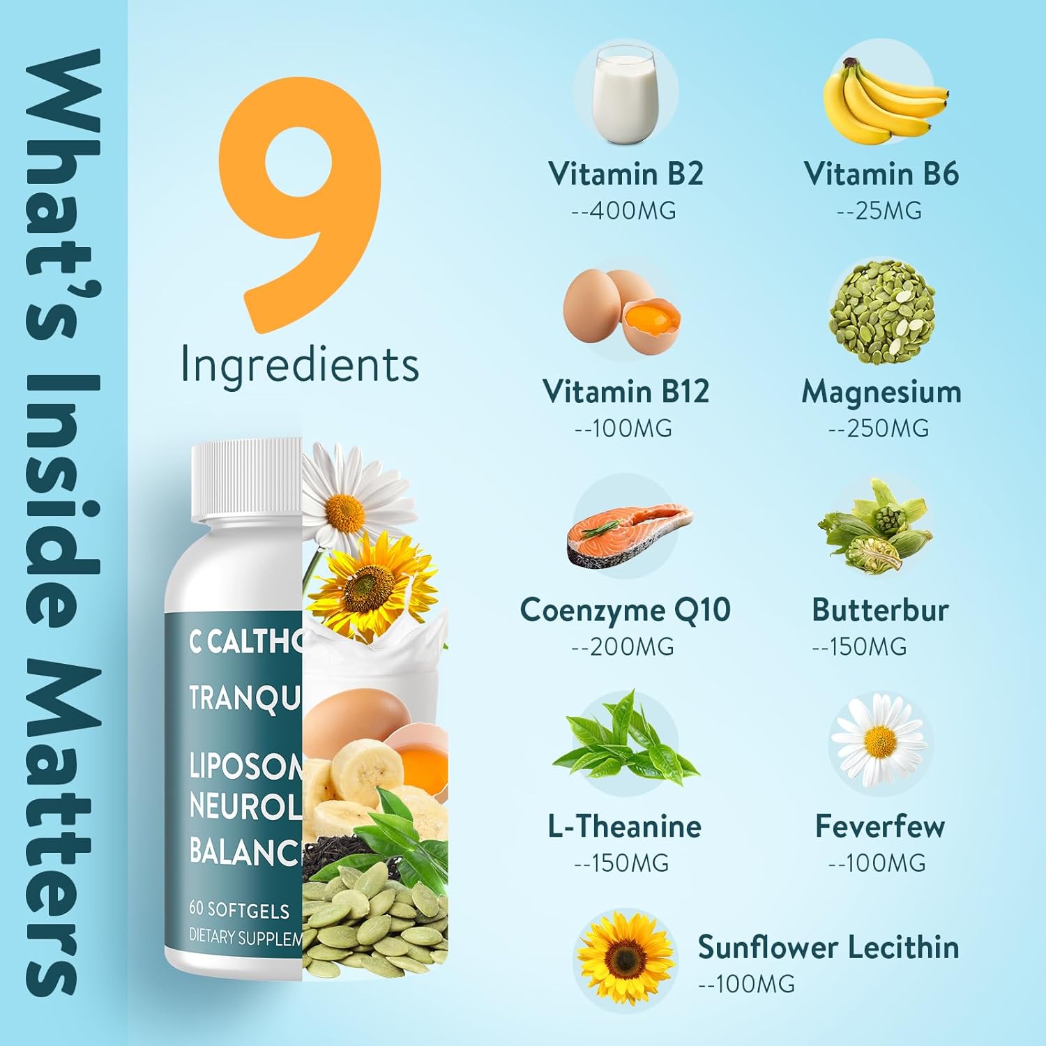 Migraine Relief Supplement – Liposomal Riboflavin, Vitamin B2 B6 & B12, Magnesium, CoQ10, L-Theanine, PA-Free Butterbur & Feverfew – Natural Head & Nerve – 60 Softgels - Image 3