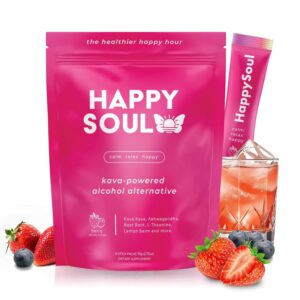 HappySoul Kava Drink Mix Powder-Alcohol Alternative for Evenings & Social Drinking - Kava Kava Mocktail for Relaxation - Adaptogen Drink with Magnesium, Ashwagandha, L-Theanine | Berry, 15 Stick Packs