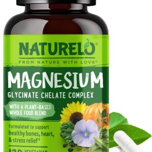 NATURELO Magnesium Glycinate Chelate Complex - 200 mg Magnesium with Organic Vegetables to Support Sleep, Calm, Muscle Cramp & Stress Relief - Gluten Free, Non GMO - 120 Capsules