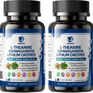 Lithium Orotate 5/10mg, L-Theanine 200mg, Ashwagandha 300mg - Mood Focus Memory Brain Supplements with Bacopa Monnieri, Lion’s Mane, Magnesium, Zinc D3 B6 Folate B12 - 120 Vegan Capsules, 2 Months