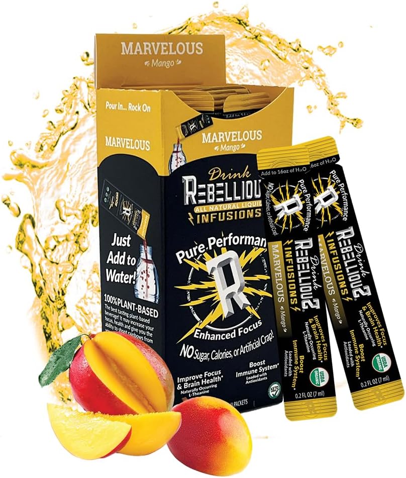 Rebellious Marvelous Mango Organic Drink Mix – Zero Calorie Energy Drink Mix | Monk Fruit & Green Tea Extract | L-Theanine + Natural Caffeine | 100% Plant-Based | Pack of 10 | Keto,Gluten-Free