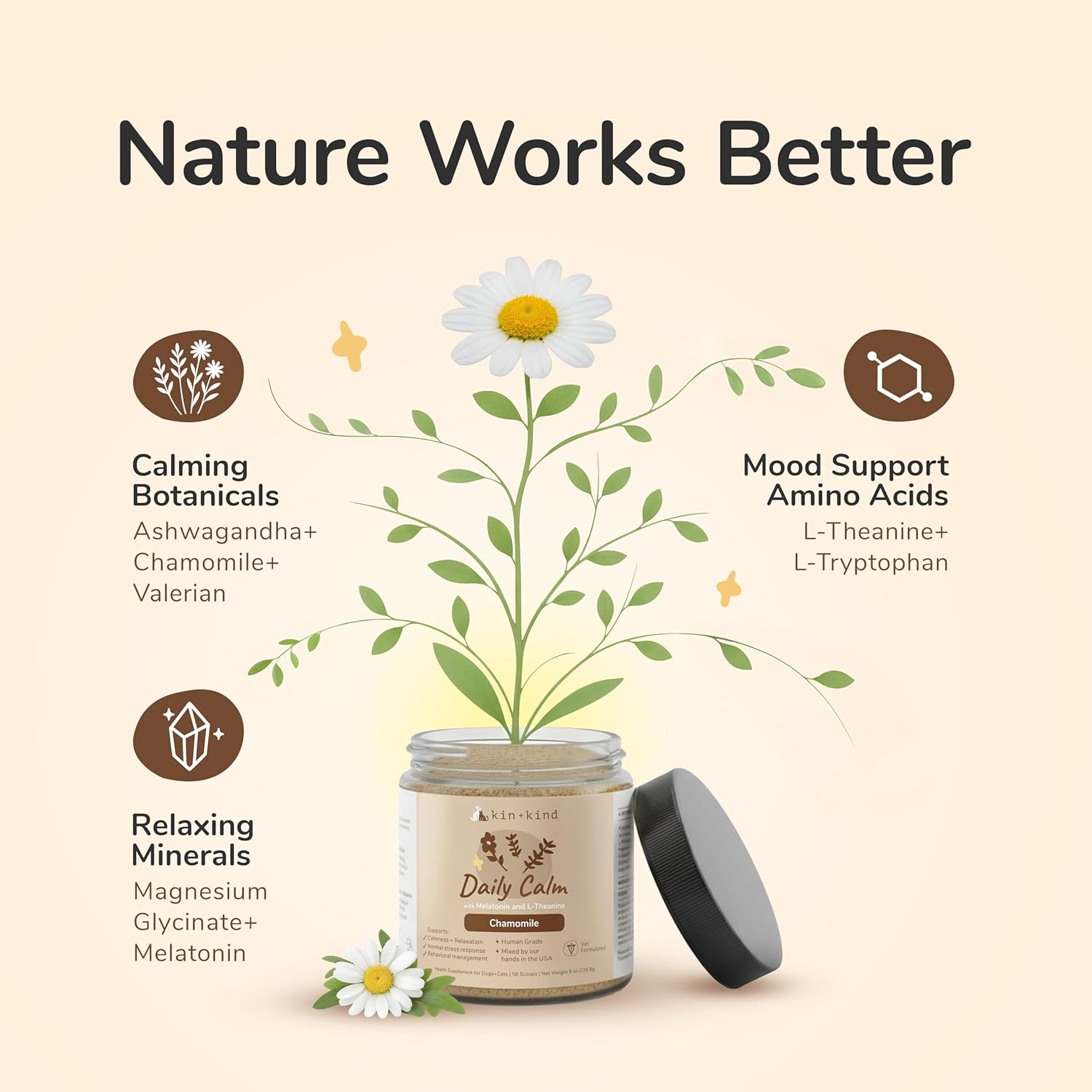 kin+kind Calm Power Supplement for Dogs and Cats – Natural Dog Calming and Cat Calming Support with Organic Chamomile, Thyme, Apple Pomace, Ginger & Coconut – Vet Formulated - Made in USA – 4 oz - Image 3