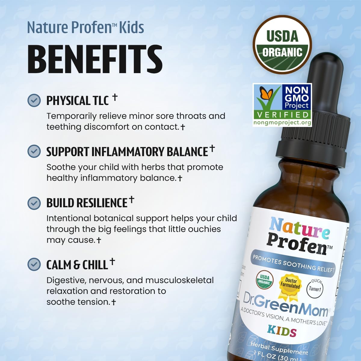 Dr. Green Mom Nature Profen Natural Relief for Infants & Kids | USDA Organic Herbal Drops for Teething, Growth Spurts, and Occasional Discomfort | Natural Child & Baby Comfort Aid - Image 2