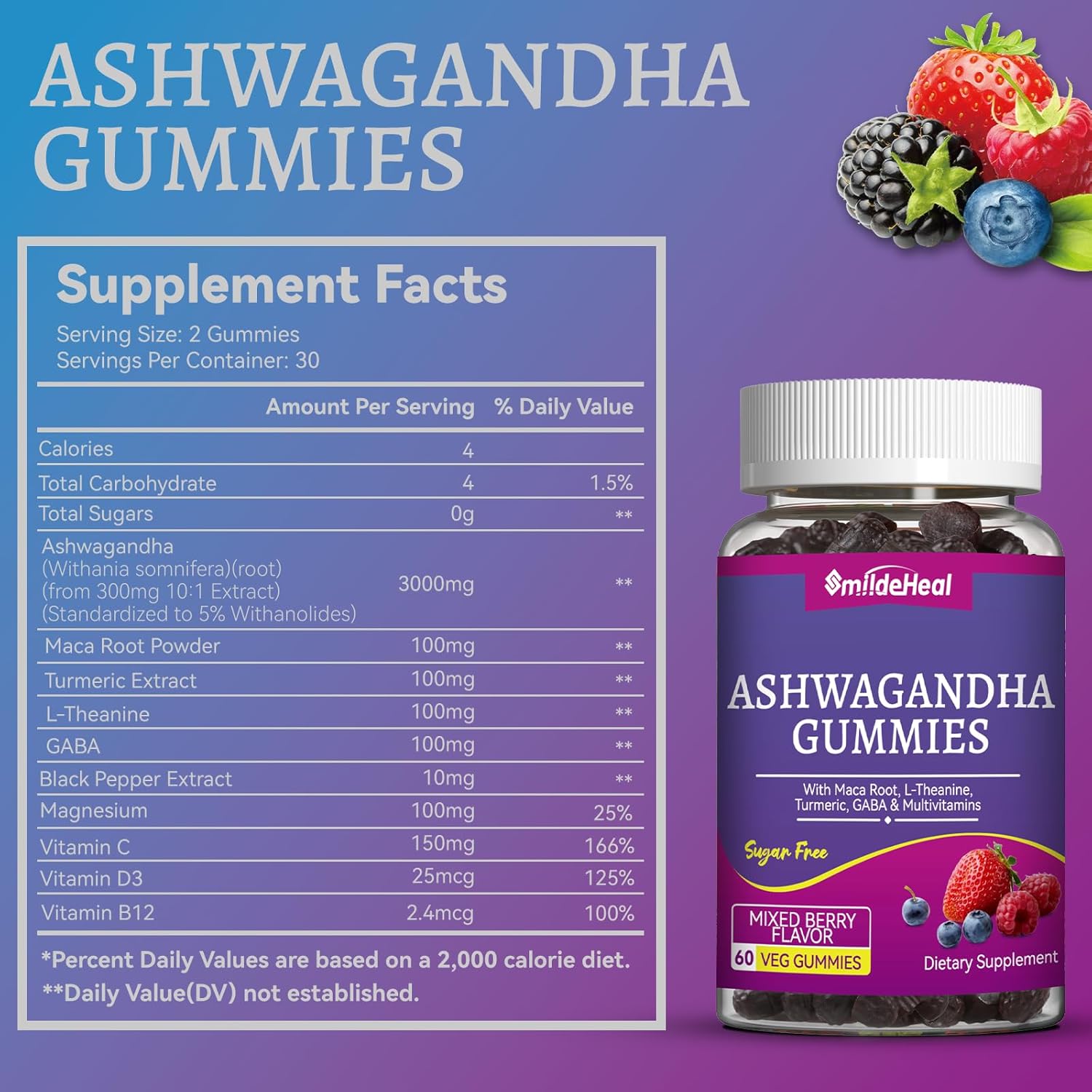Ashwagandha Gummies 3000mg - Stress Relief, Immune Support & Increased Energy - Ashwagandha Supplements for Women & Men - Natural Mixed Berry Flavor (60 Count) - Image 2