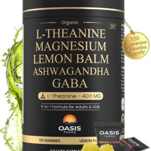 L-Theanine 400mg Gummies, L Theanine Supplement for Kids & Adults with Magnesium Glycinate, GABA, Ashwagandha, L'theanine Chewable for Restful Sleep, Stress Support, Relaxation, Calm, 60 Day Supply