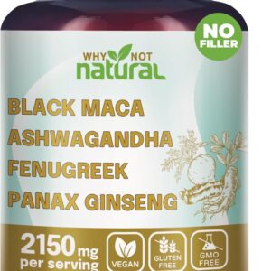 Why Not Natural 4-in-1 Organic Black Maca Root, Ashwagandha, Fenugreek, Panax Ginseng Capsules, Supplement for Men and Women