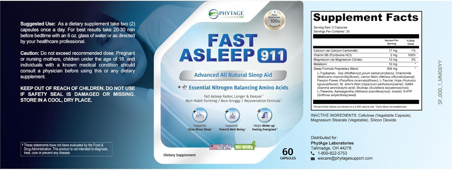 Fast Asleep 911 – Nighttime Routine Supplement with Melatonin & Goji Berries – Plant-Based, Non-Habit Forming Formula – 60 Capsules - Image 4